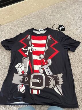Black Pirate Graphic Tee with Red & White Stripes